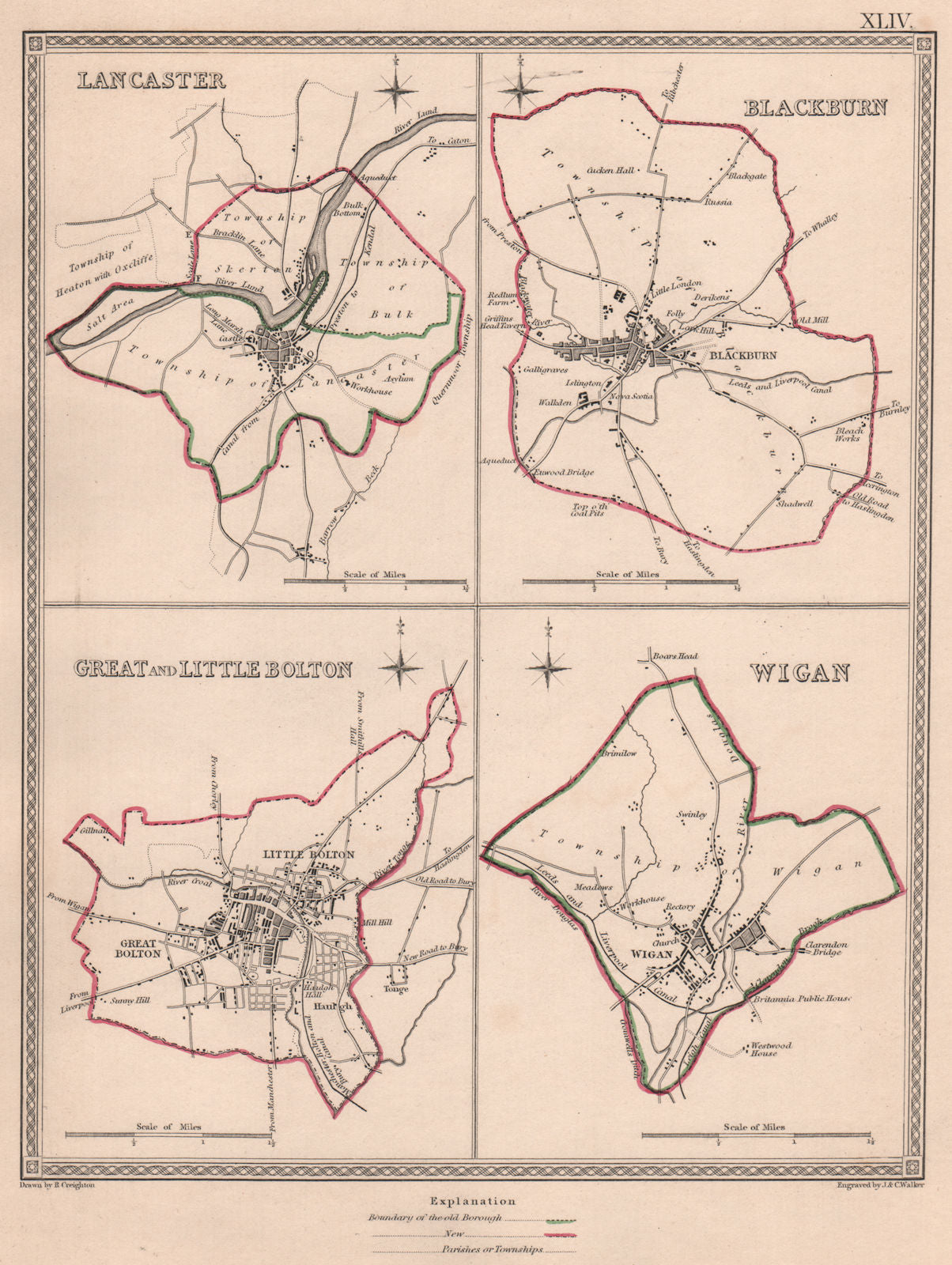 LANCASHIRE TOWNS.Lancaster Blackburn Bolton Wigan.CREIGHTON/WALKER 1835 map